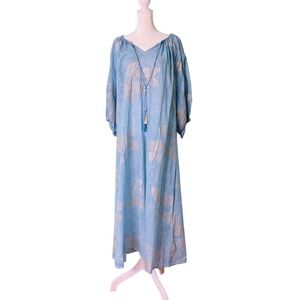 Debbie Katz South Beach Blue Gold Cotton Maxi Tunic Dress Coverup Boho (Size XL)